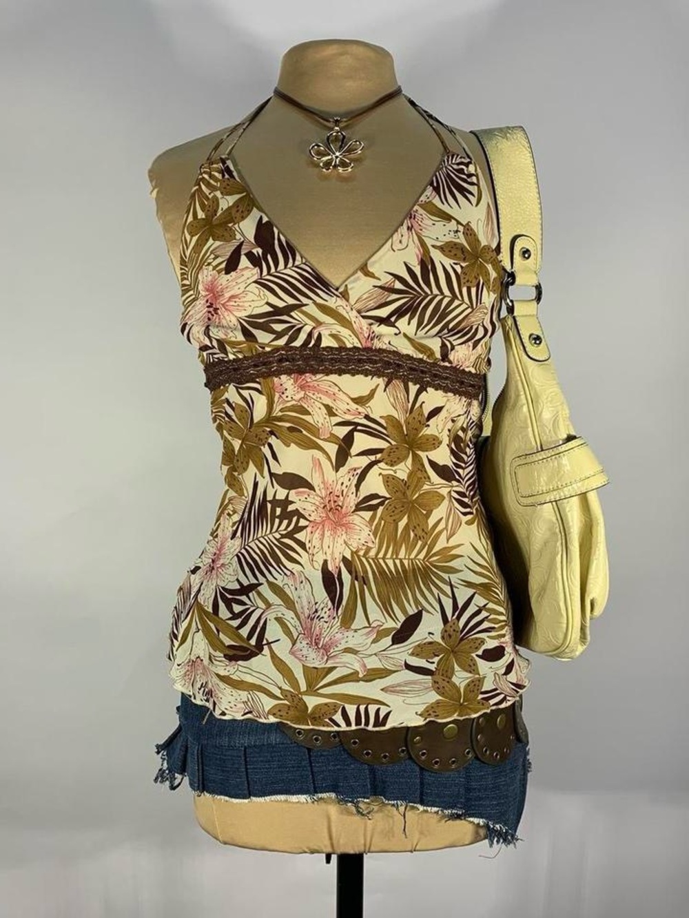 Y2K Forever 21 Sheer Tropical Halter Cami Top Brown Pink Floral Mesh Tank